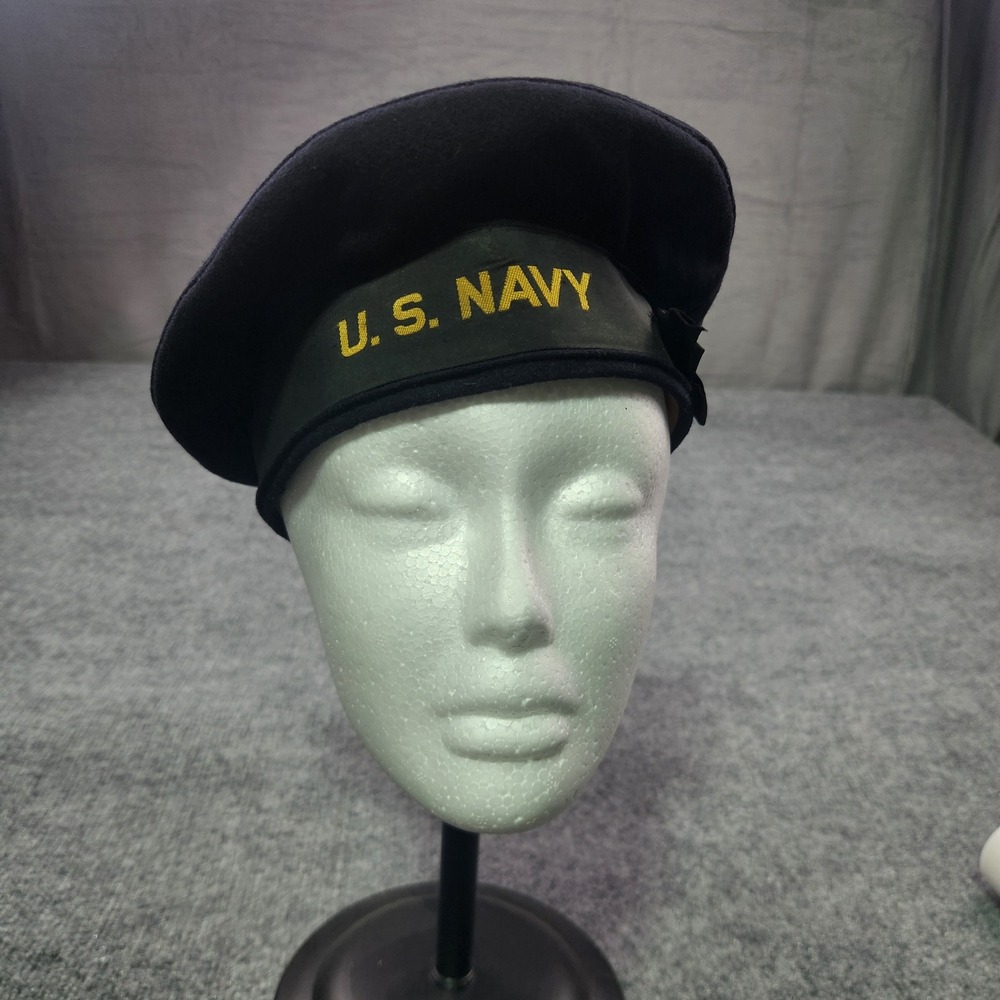 Vintage US Navy Wool Beret Sailor Hat Navy Blue Embroidered Gold Lettering Mens